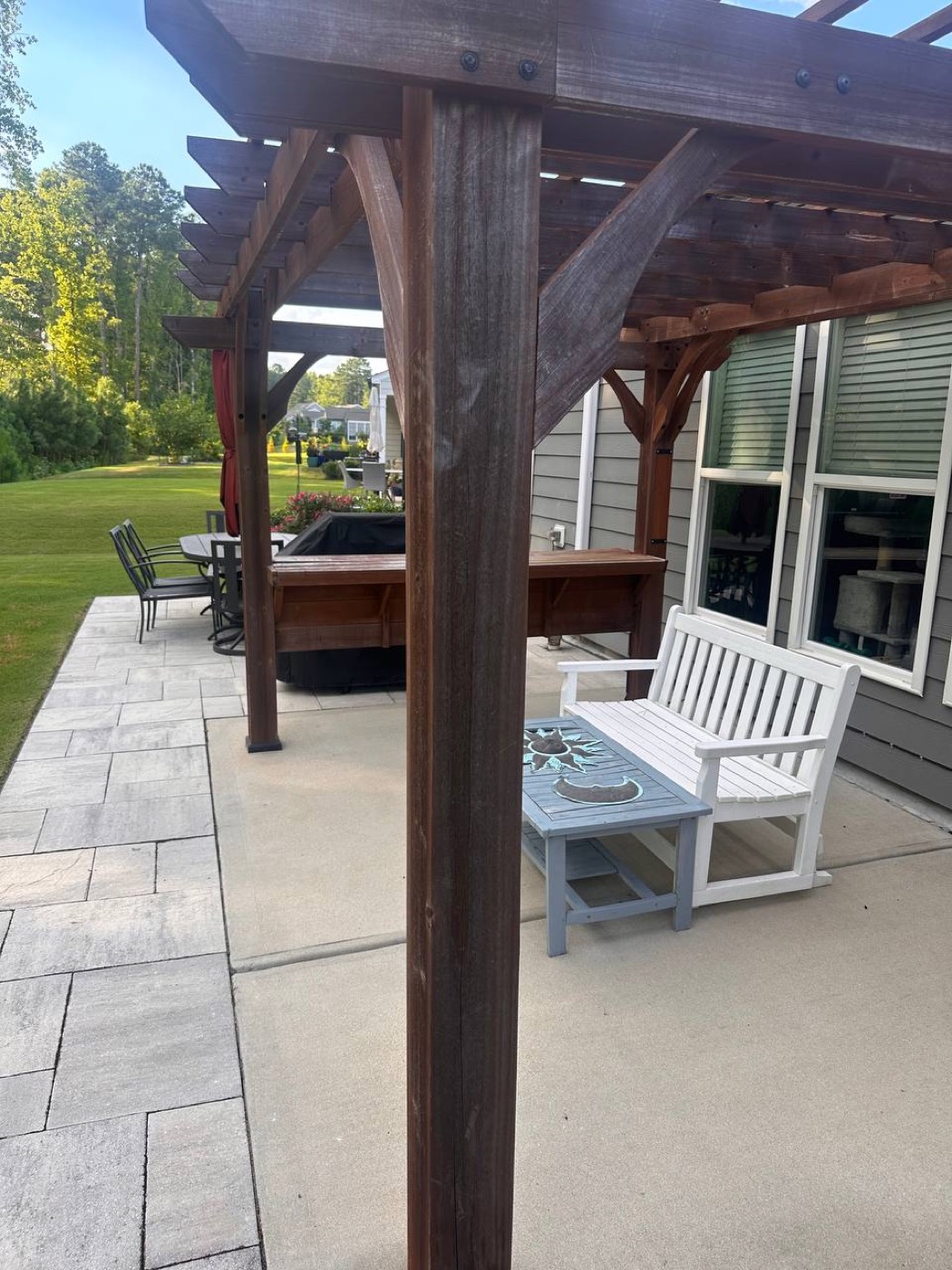 Pergola post and patio seating